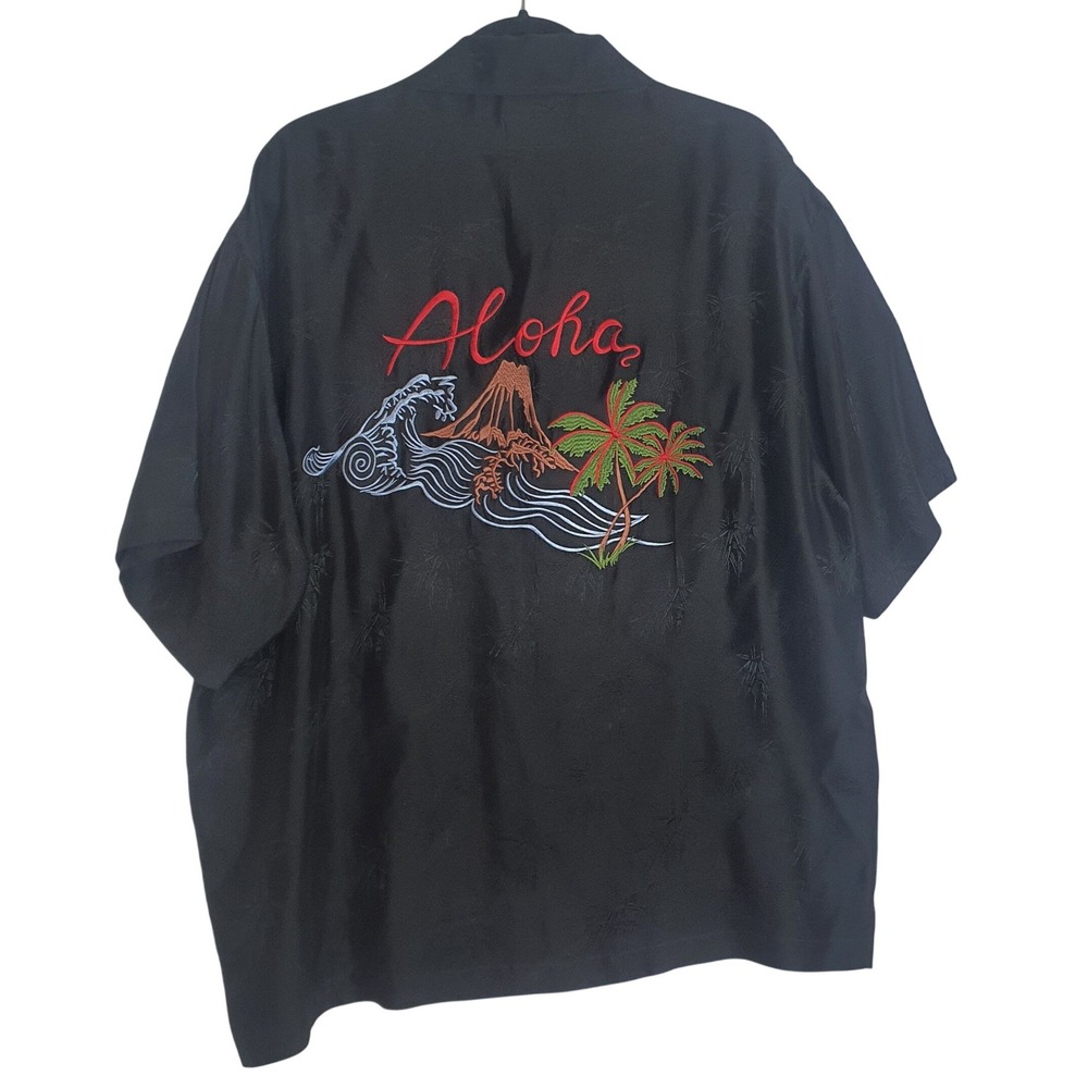 BC Ethic Mens XL Black 100%‎ Silk Aloha Embroidered Hawaiian Camp Shirt Volcano